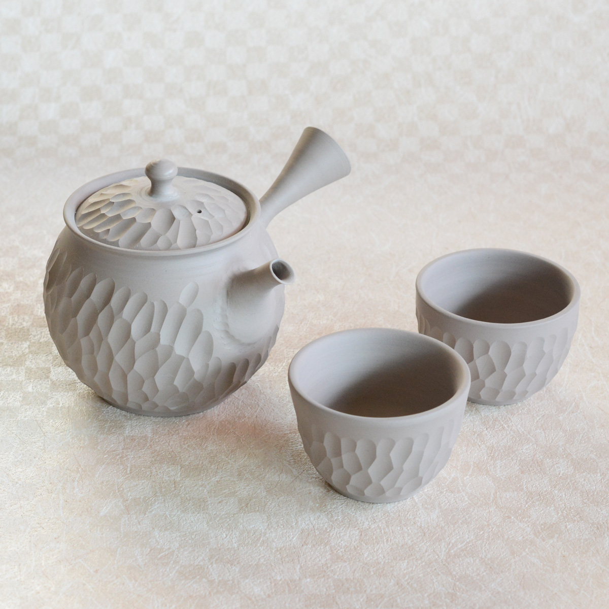 憲児グレイ全面カット3点セット 茶器＆茶道具 日本の茶器セット